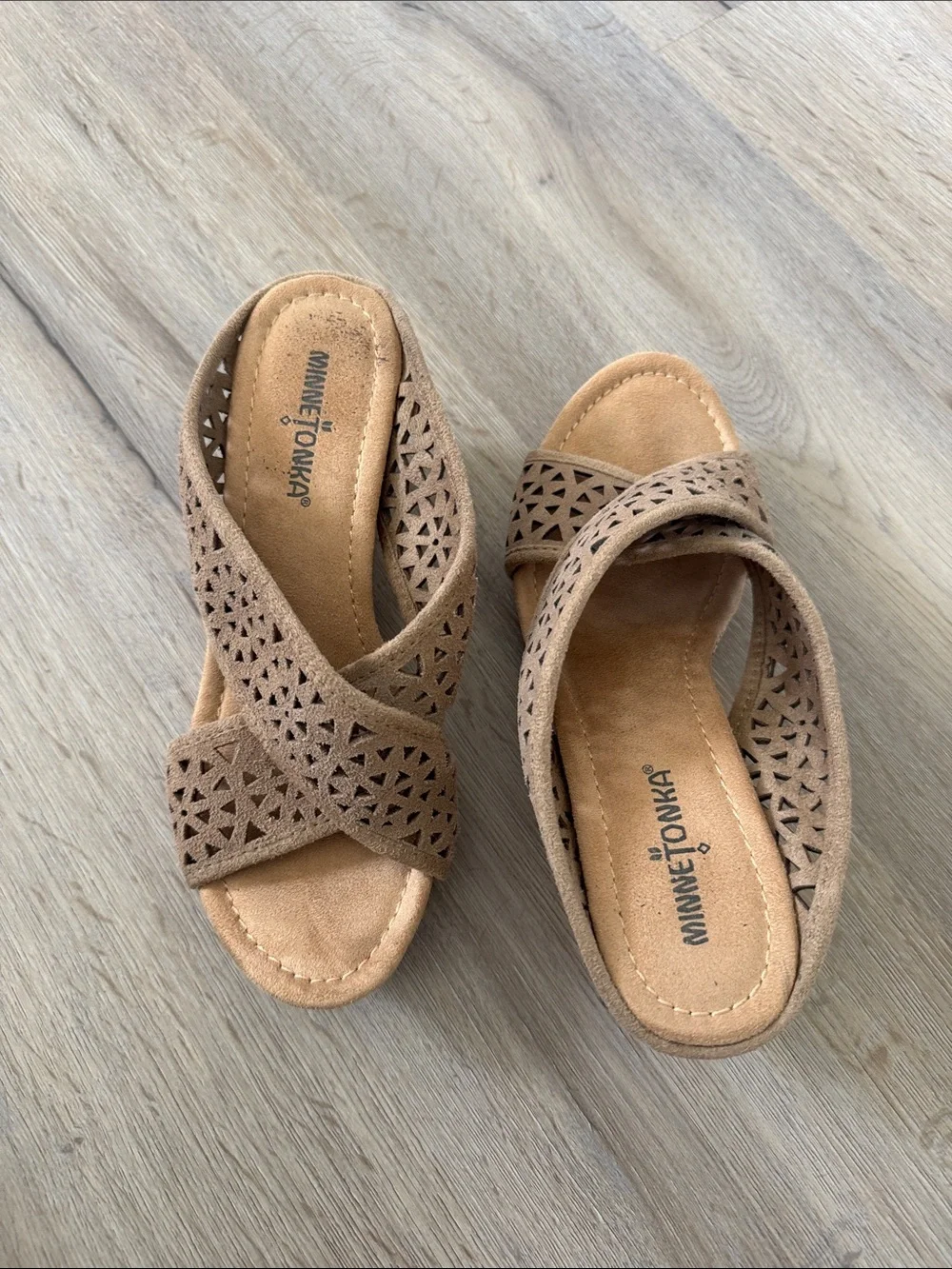 Minnetonka Taupe Suede Laser-Cut Crisscross Slide Sandals